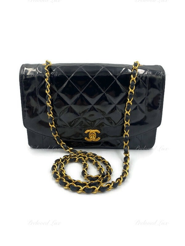 CHANEL Black Patent Leather Medium Diana Flap Crossbody Bag - Gold Hardware  - Vintage - Preloved Lux Canada