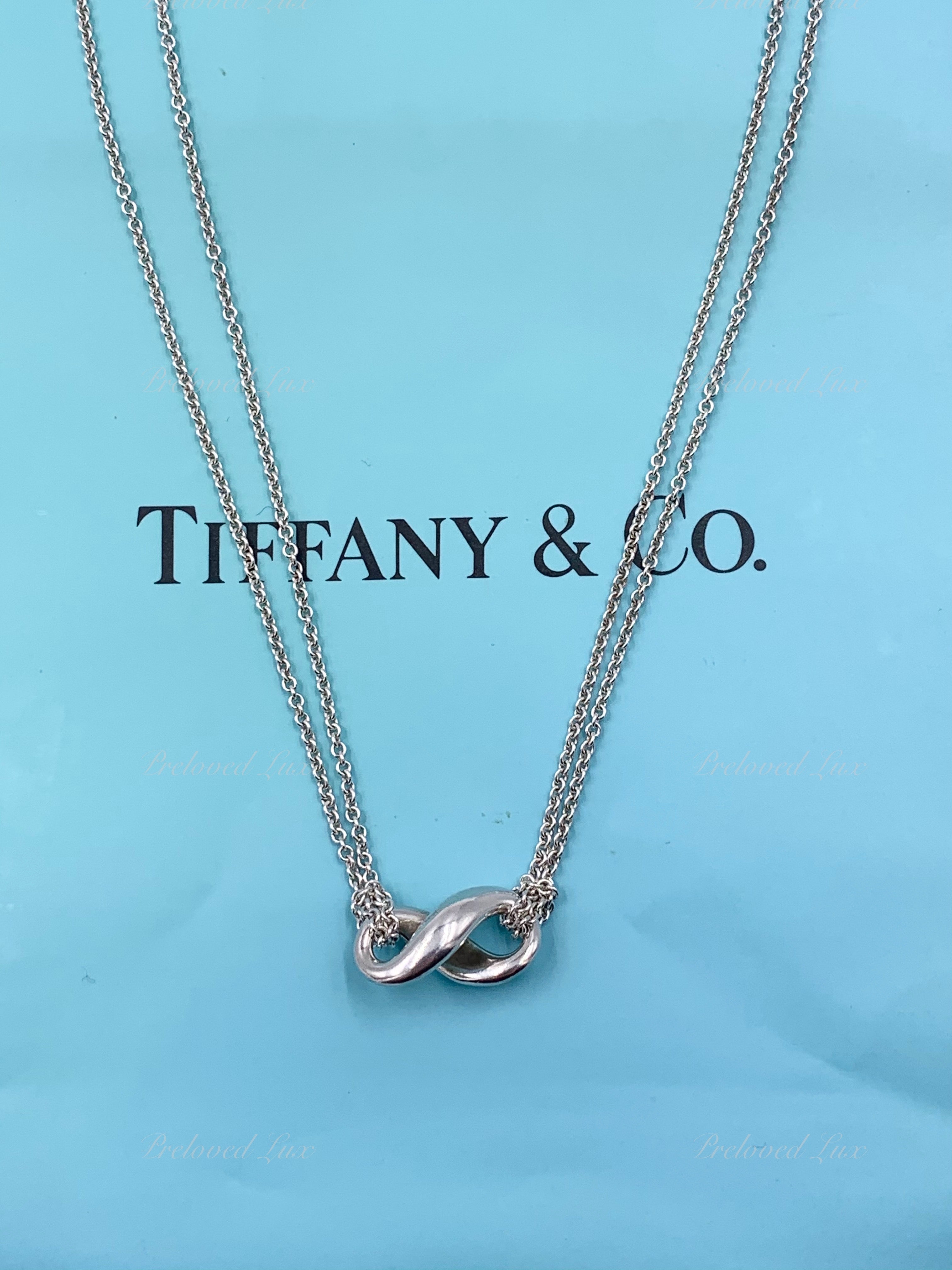 Tiffany & Co 925 Silver Infinity Pendant with Double Chain Necklace 
