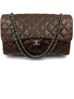 Sold-CHANEL Lambskin Double Chain Single Flap Maxi Size Bag Dark Brown/Silver