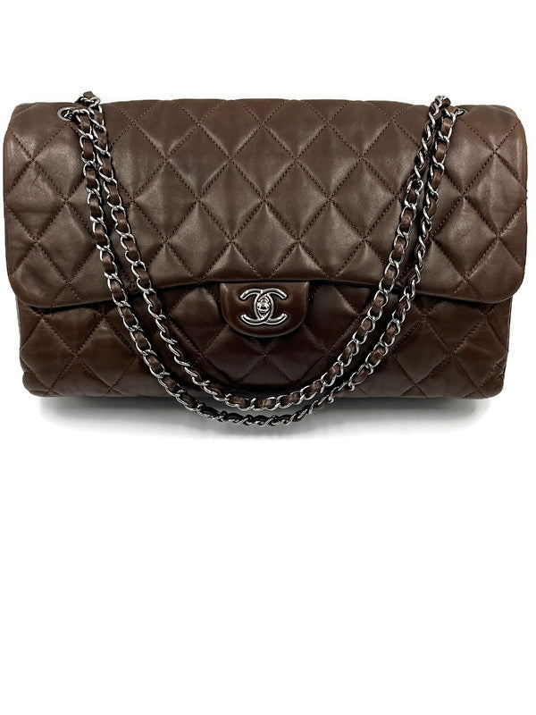 Sold-CHANEL Lambskin Double Chain Single Flap Maxi Size Bag Dark Brown/Silver