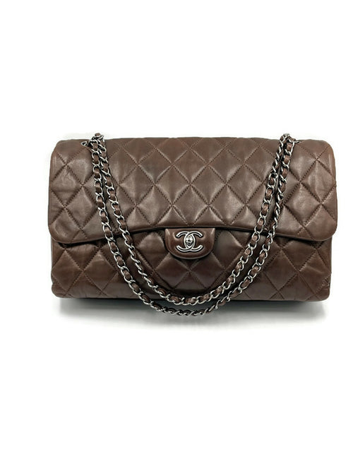 Sold-CHANEL Lambskin Double Chain Single Flap Maxi Size Bag Dark Brown/Silver