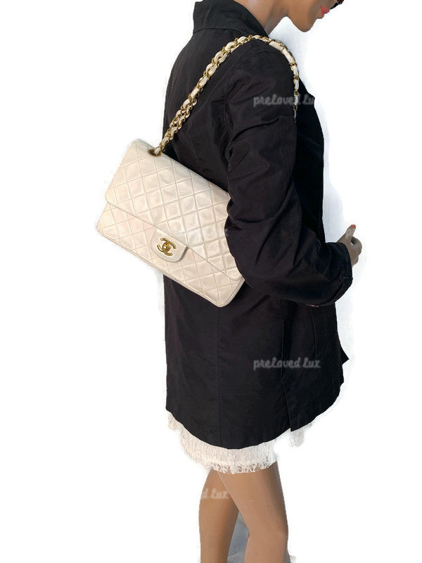 CHANEL Medium Classic Double Flap Bag White with Gold Hardware