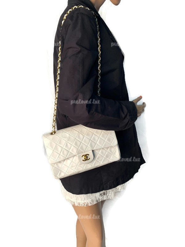CHANEL Medium Classic Double Flap Bag White with Gold Hardware
