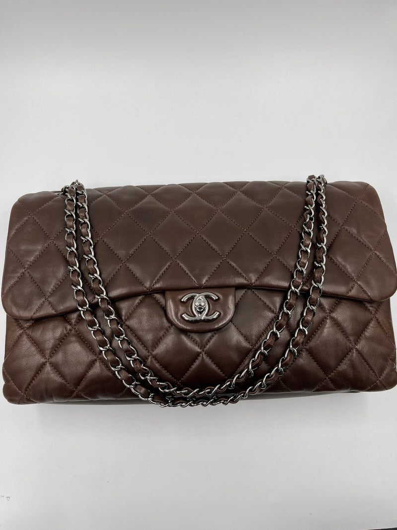 Sold-CHANEL Lambskin Double Chain Single Flap Maxi Size Bag Dark Brown/Silver