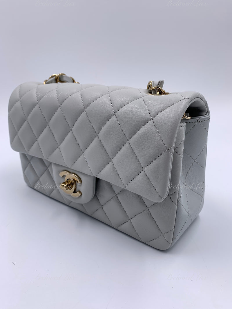 CHANEL Classic Grey Lambskin Mini Rectangular Crossbody Bag in Gold Hardware