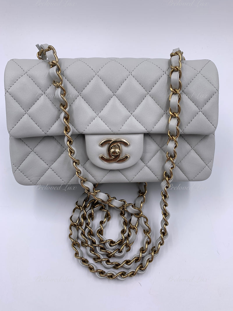 CHANEL Classic Grey Lambskin Mini Rectangular Crossbody Bag in Gold Hardware