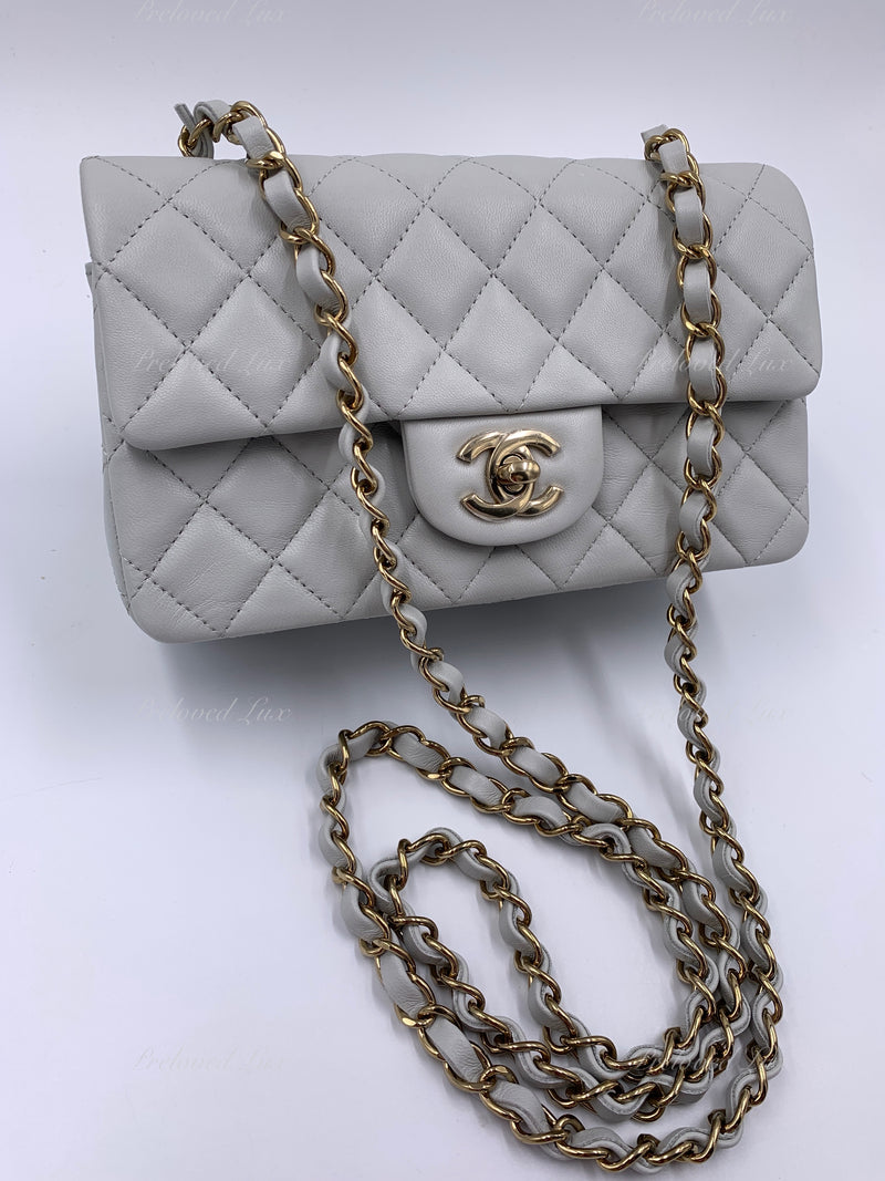 CHANEL Classic Grey Lambskin Mini Rectangular Crossbody Bag in Gold Hardware