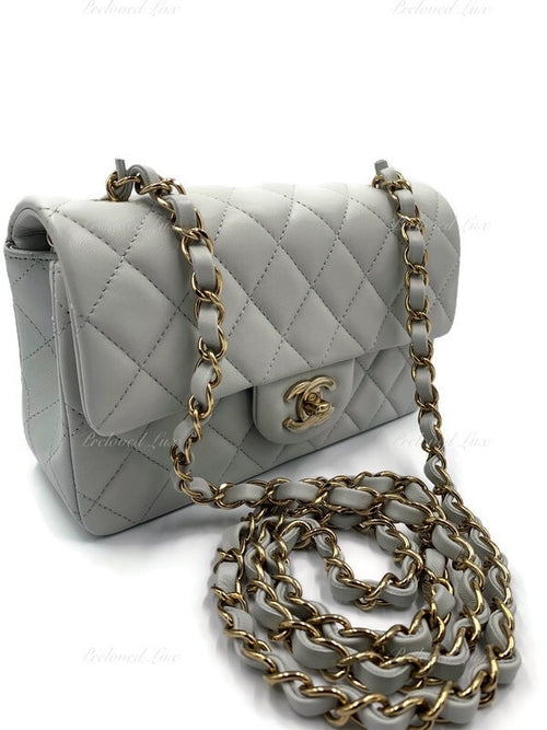 Chanel Mini Rectangular Flap Bag Light Grey Lambskin Light Gold Hardware