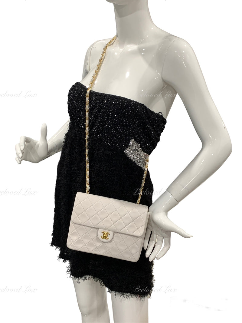 CHANEL Classic Lambskin Chain Mini Square Flap Bag White/ Gold hardware