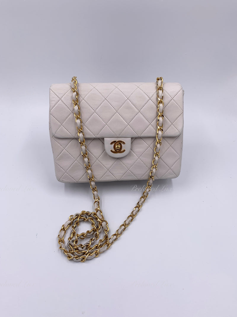 CHANEL Classic Lambskin Chain Mini Square Flap Bag White/ Gold hardware