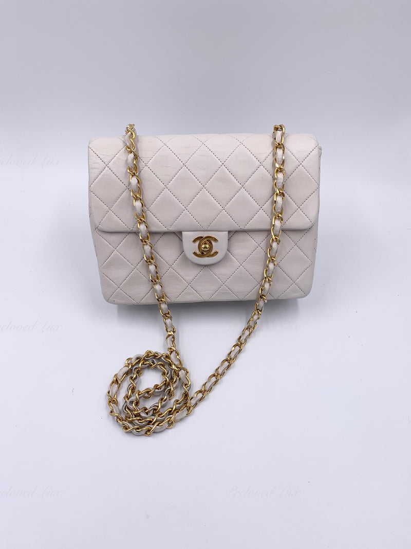 CHANEL Classic Lambskin Chain Mini Square Flap Bag Ivory white gold hardware  - Vintage Preloved Lux Canada Authentic Timeless classic flap Crossbody