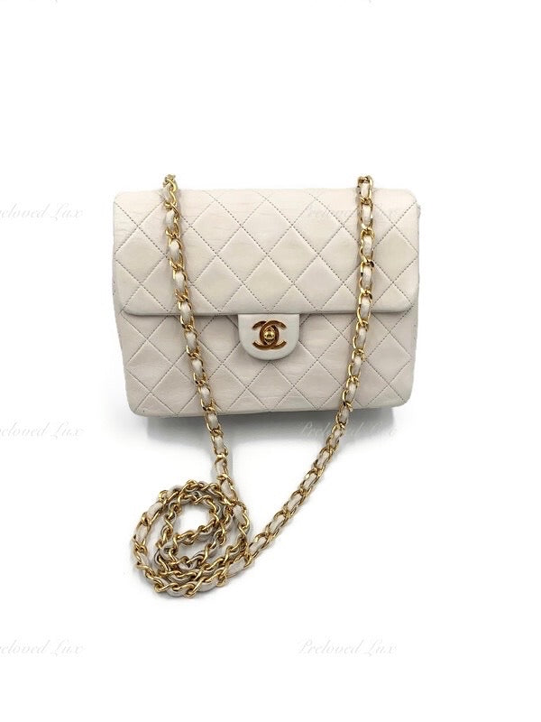CHANEL Classic Lambskin Chain Mini Square Flap Bag Ivory white gold  hardware - Vintage Preloved Lux Canada Authentic Timeless classic flap  Crossbody