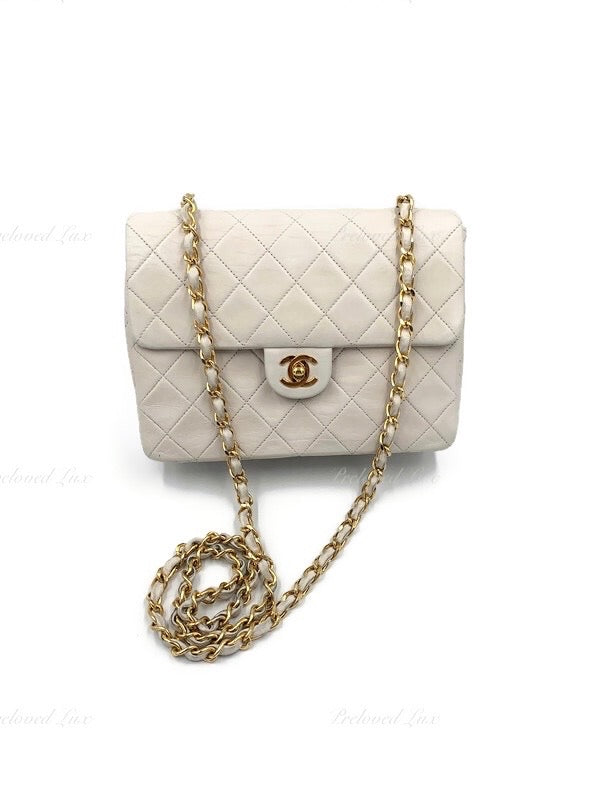 CHANEL Classic Lambskin Chain Mini Square Flap Bag White/ Gold hardware