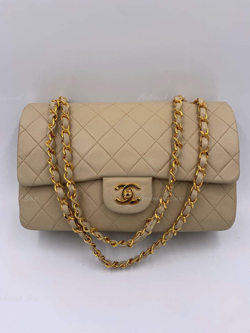 CHANEL Classic Lambskin Double Flap Medium Shoulder Bag - Light Beige Gold Hardware