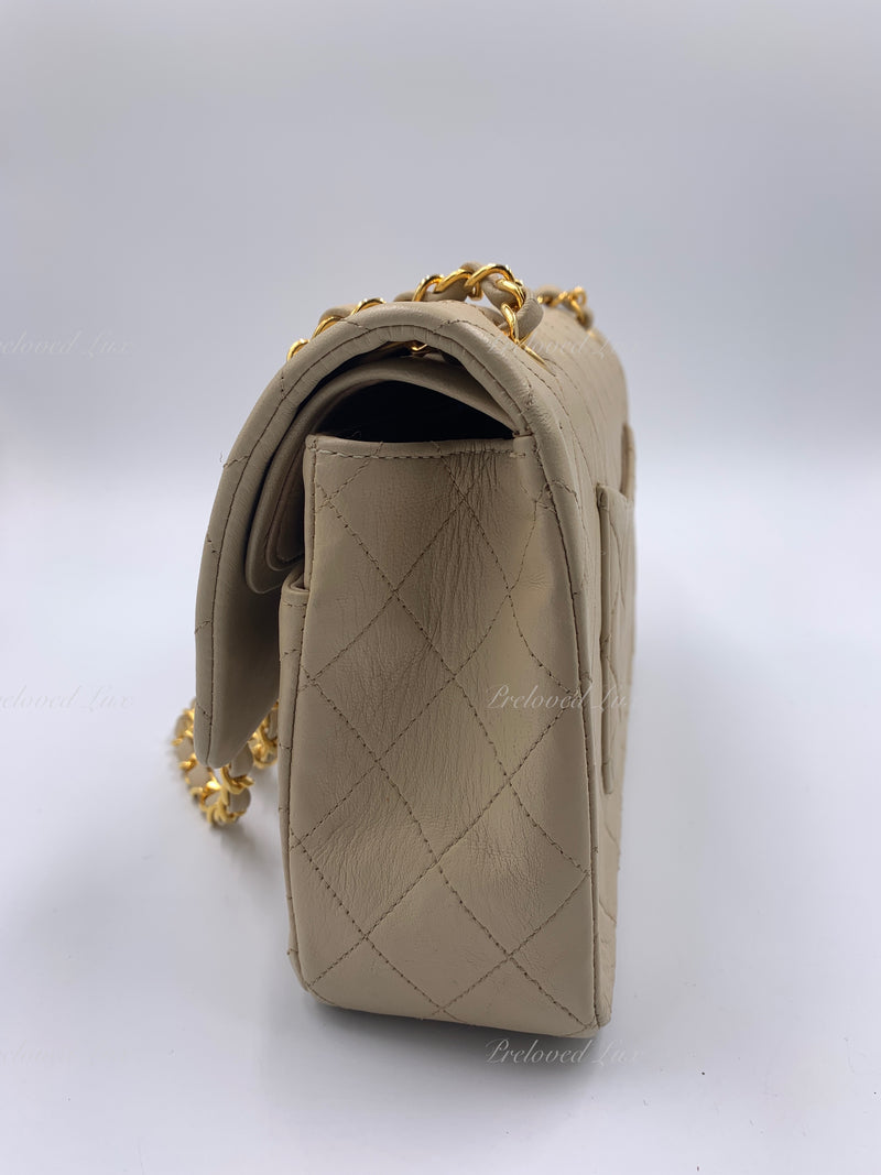 CHANEL Classic Lambskin Double Chain Double Flap Medium Shoulder Bag- beige  24k gold plated - gold hardware - Preloved Lux Canada