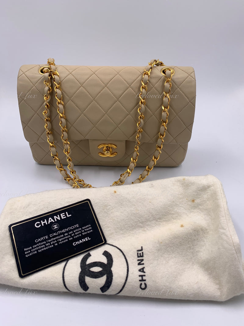 CHANEL Classic Lambskin Double Flap Medium Shoulder Bag - Light Beige Gold Hardware