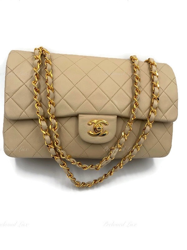 CHANEL Classic Lambskin Double Chain Double Flap Medium Shoulder Bag- beige  24k gold plated - gold hardware - Preloved Lux Canada