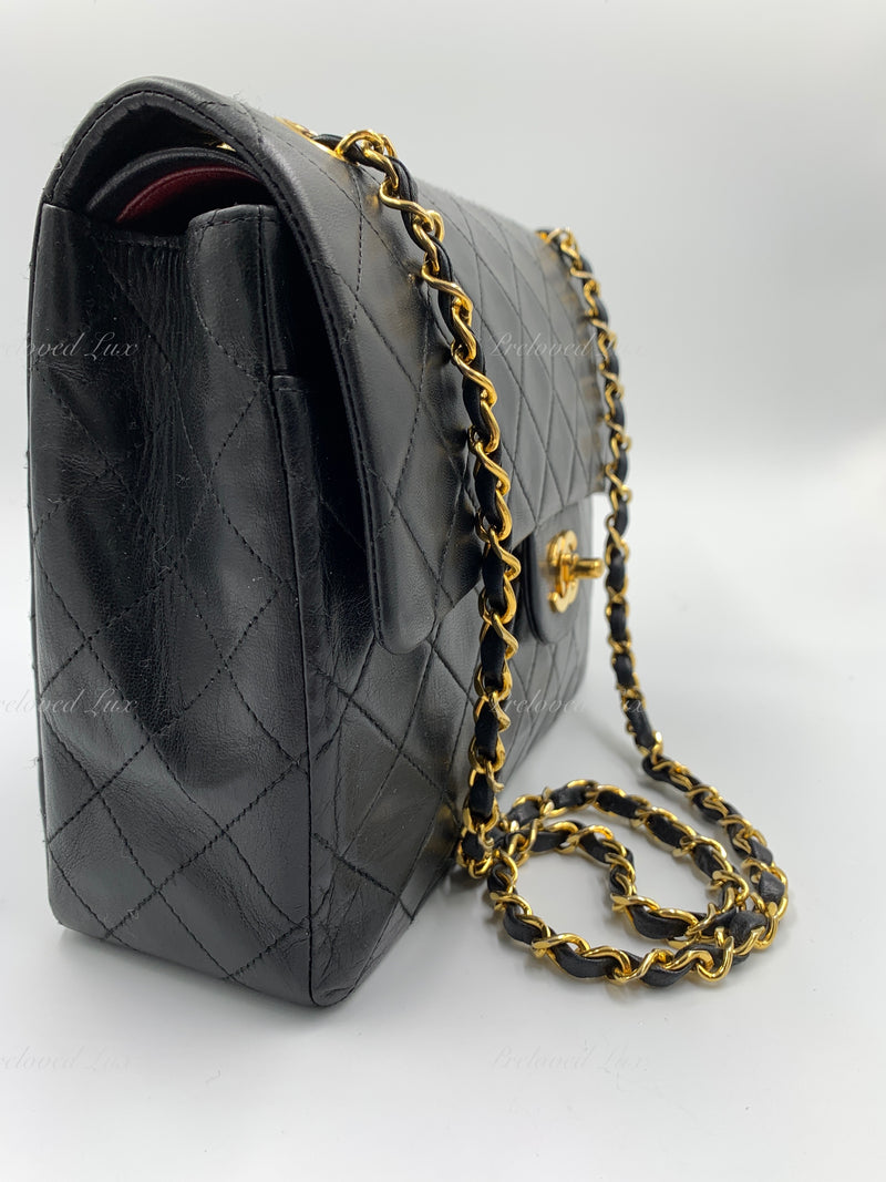 CHANEL Classic Lambskin Double Flap Medium Square Bag Black / Gold Hardware