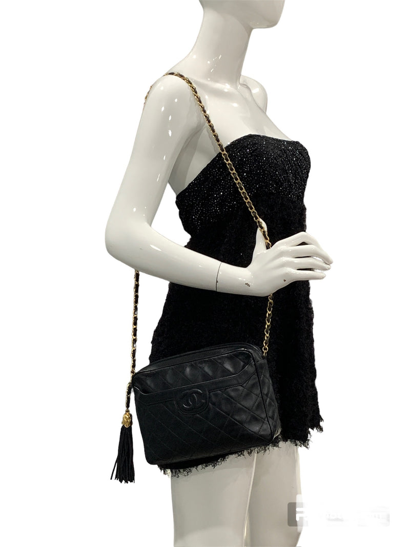 CHANEL Lambskin Black Camera Bag with Tassel