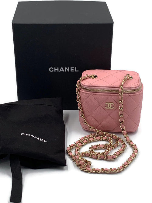 Sold-CHANEL Caviar Sakura Pink Mini Square Vanity Case Chain Bag Light Gold Hardware