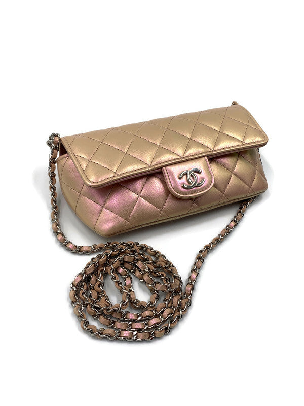 CHANEL Iridescent Pink Calfskin Mini Flap Crossbody Bag in Silver Hardware