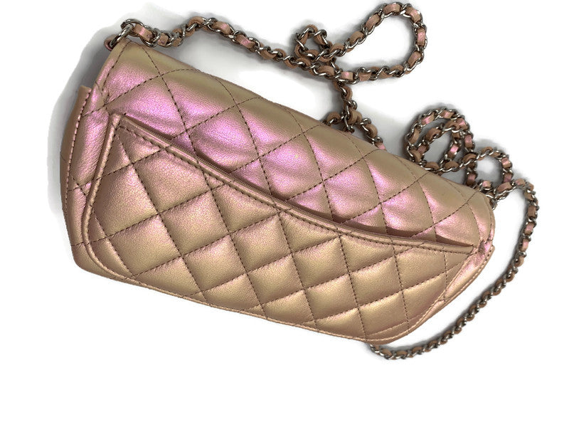 CHANEL Iridescent Pink Calfskin Mini Flap Crossbody Bag in Silver Hardware