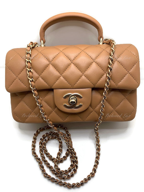 Sold-CHANEL Lambskin Mini Rectangular with Top Handle Caramel Beige / Gold Hardware