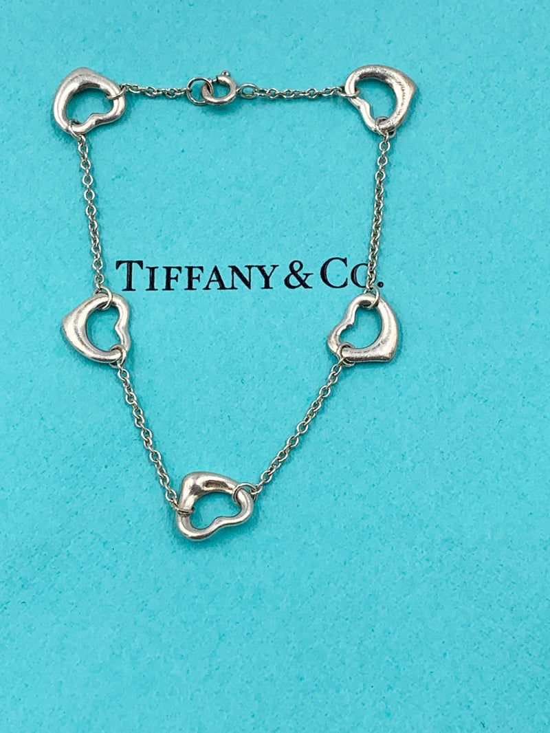 Tiffany & Co 925 Silver Elsa Peretti 5 Open Hearts Bracelet