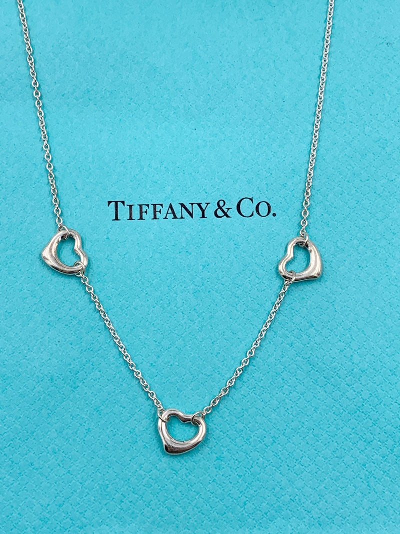 Tiffany & Co 925 Silver Elsa Peretti Triple Open Heart Necklace