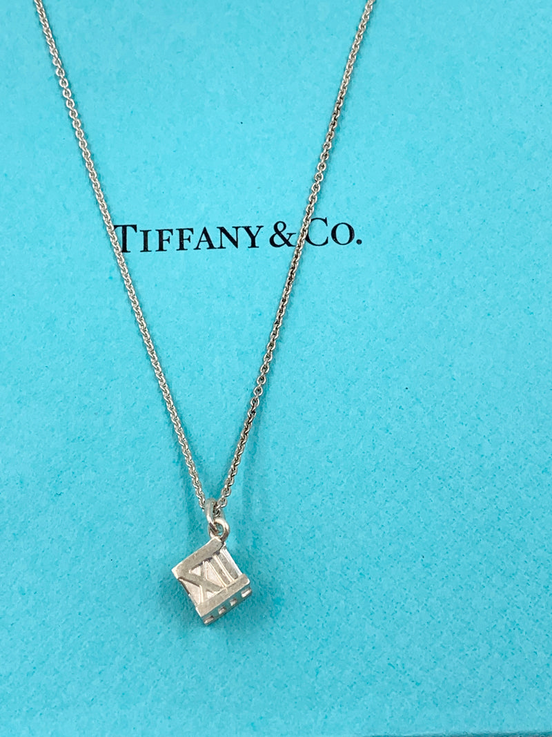 Sold-Tiffany & Co 925 Silver Atlas Collection Cube with Necklace
