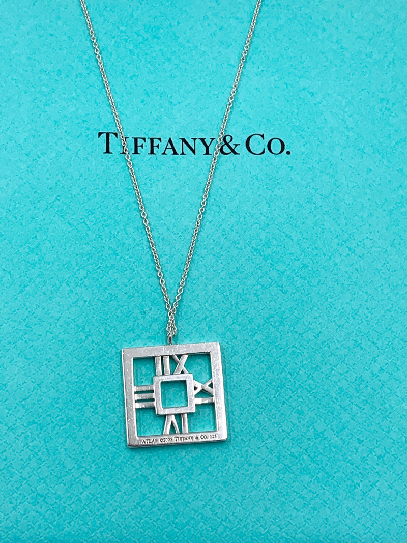 Tiffany & Co 925 Silver Atlas Collection Square Pendant Necklace