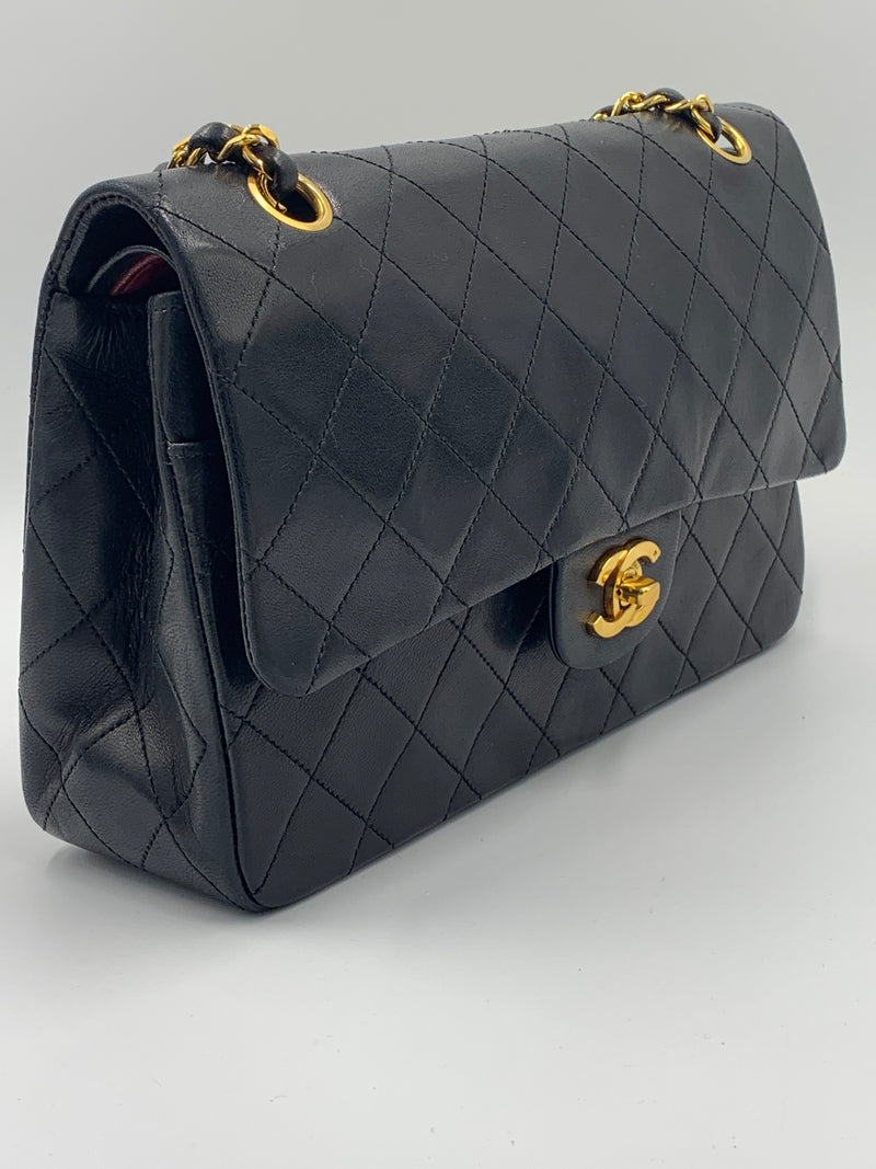 Sold-CHANEL Lambskin Double Chain Double Medium Flap Bag black/gold