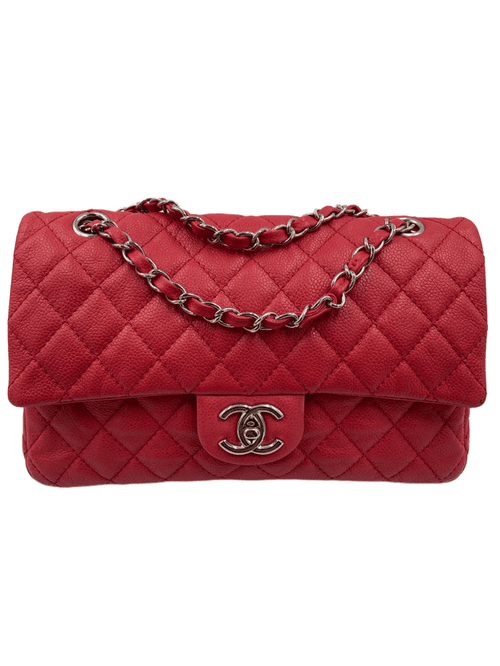 CHANEL Caviar Red Double Flap Shoulder Bag Silver Hardware