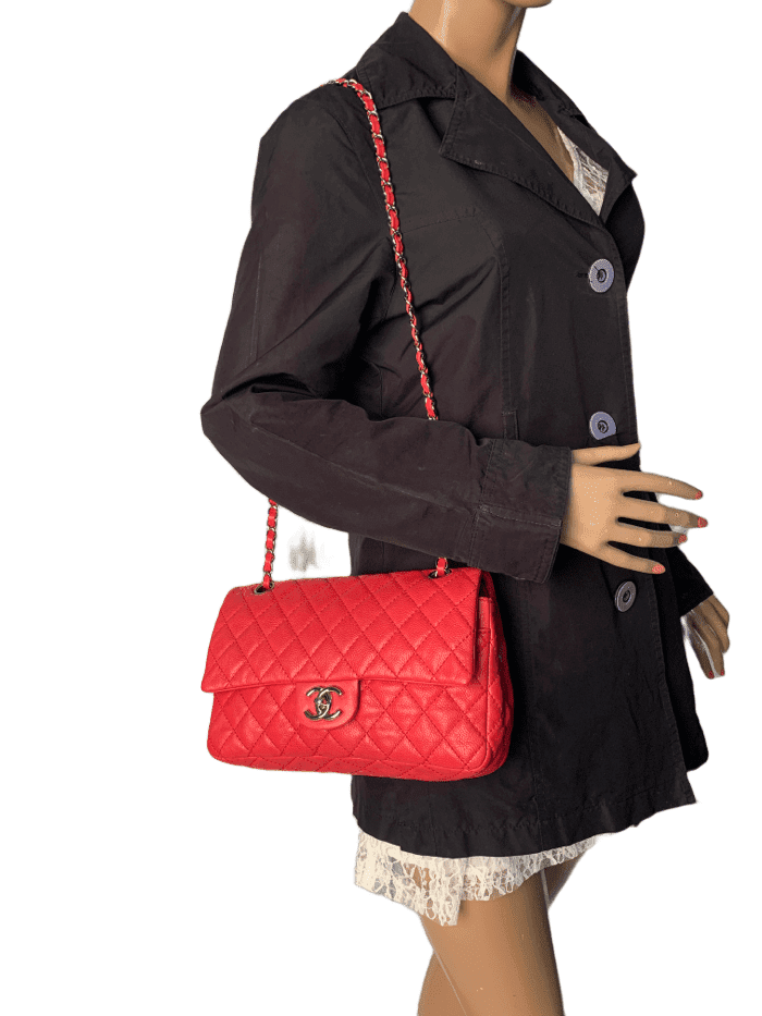 CHANEL Caviar Red Double Flap Shoulder Bag Silver Hardware