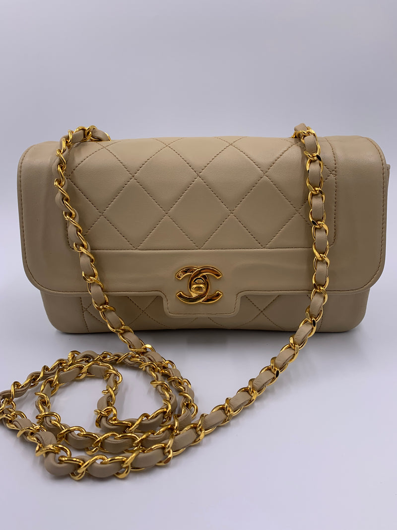 CHANEL Vintage Lambskin Single Flap Border Tab Small Crossbody Bag Beige  gold hardware - Preloved Lux Canada