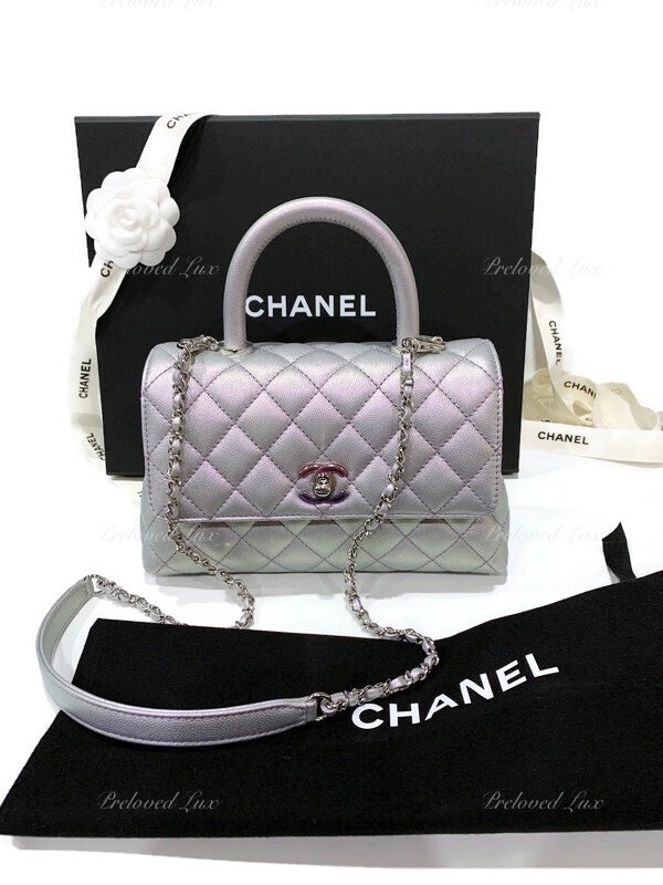 CHANEL Classic Iridescent Purple Caviar Small Coco Handle Bag in Silver Hardware