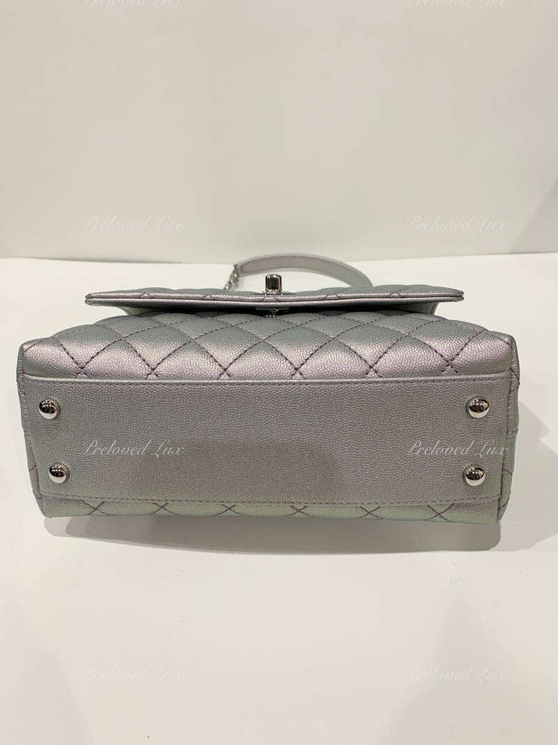 CHANEL Classic Iridescent Purple Caviar Small Coco Handle Bag in Silver Hardware