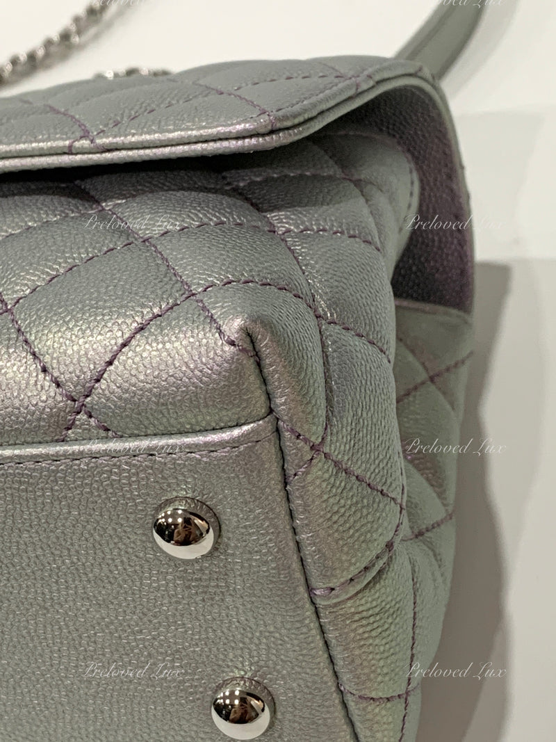 CHANEL Classic Iridescent Purple Caviar Small Coco Handle Bag in Silver Hardware