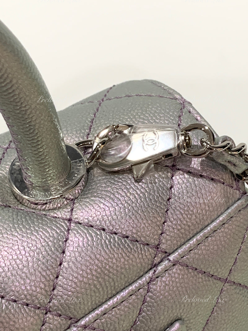CHANEL Classic Iridescent Purple Caviar Small Coco Handle Bag in Silve –  Preloved Lux
