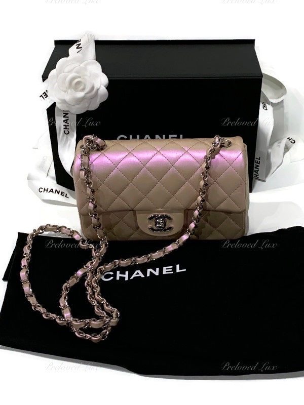 CHANEL Classic Iridescent Pink Calfskin Mini Rectangular Crossbody Bag in Silver Hardware