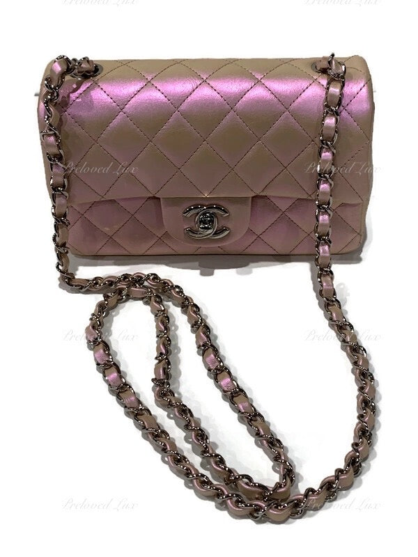 CHANEL Classic Iridescent Pink Calfskin Mini Rectangular Crossbody Bag in Silver Hardware