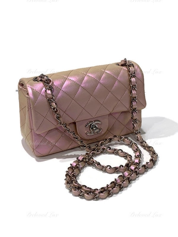 CHANEL Classic Iridescent Pink Calfskin Mini Rectangular Crossbody Bag in Silver Hardware
