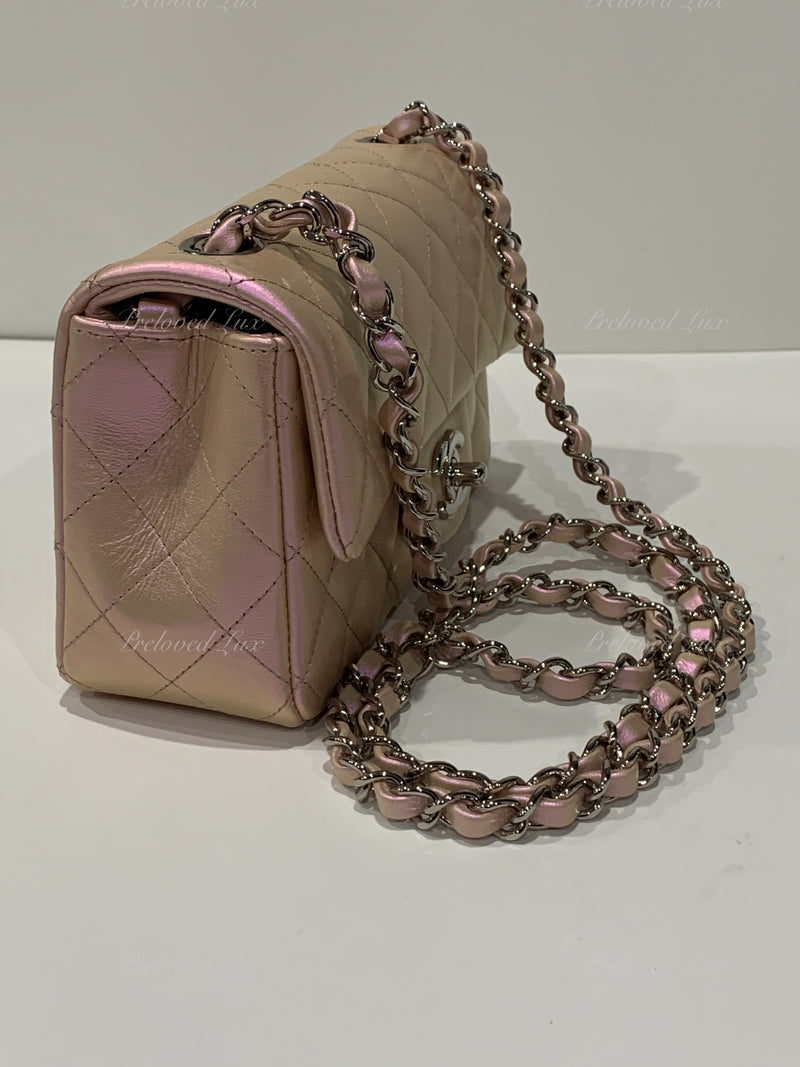 New CHANEL Square Mini 2021 Iridescent Pink Calfskin Leather Bag