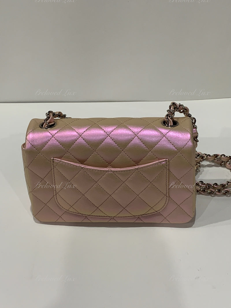 CHANEL Classic Iridescent Pink Calfskin Mini Rectangular Crossbody Bag in Silver Hardware