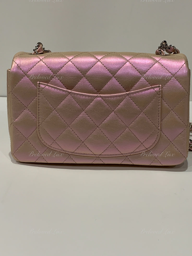 CHANEL Classic Iridescent Pink Calfskin Mini Rectangular Crossbody Bag in Silver Hardware