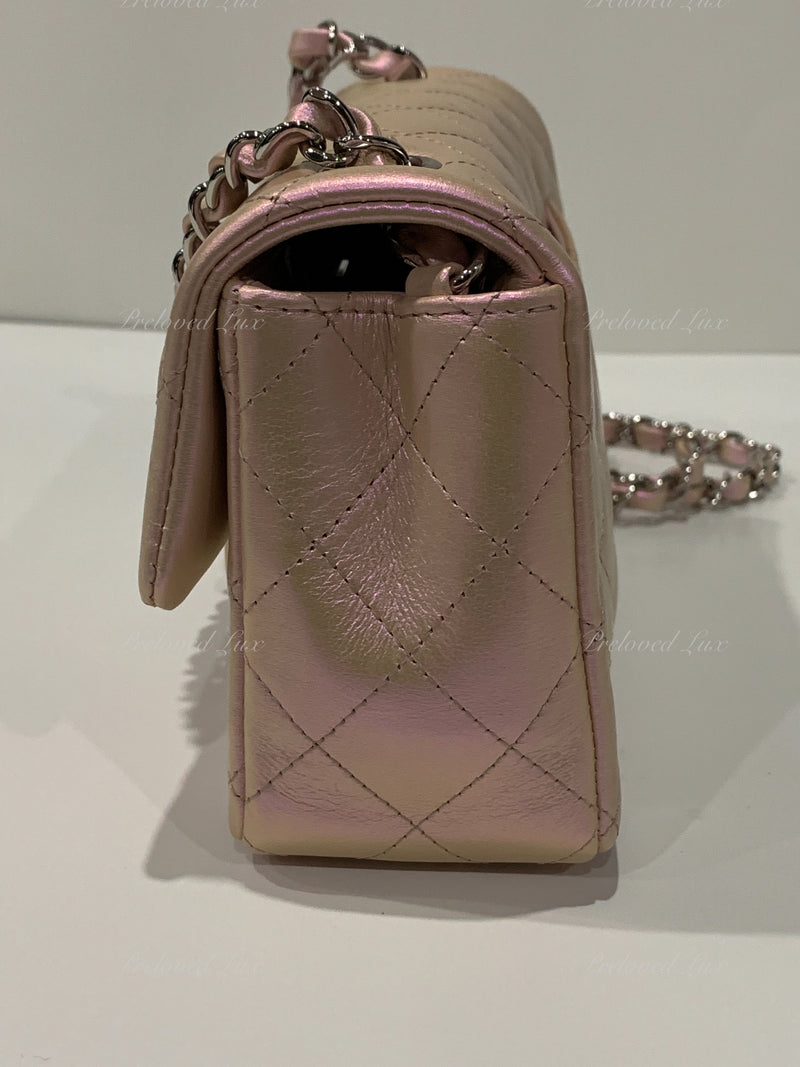 CHANEL Classic Iridescent Pink Calfskin Mini Rectangular Crossbody Bag in Silver Hardware