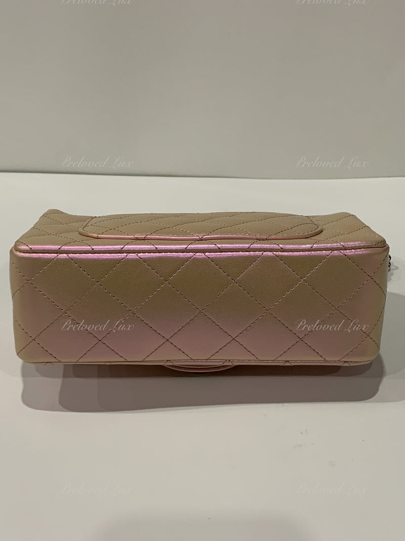 CHANEL Classic Iridescent Pink Calfskin Mini Rectangular Crossbody Bag in Silver Hardware