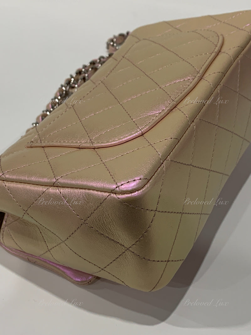 CHANEL Classic Iridescent Pink Calfskin Mini Rectangular Crossbody Bag in Silver Hardware