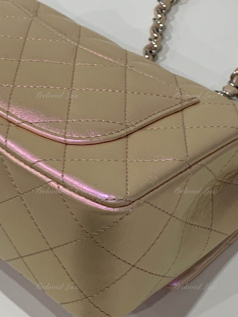CHANEL Classic Iridescent Pink Calfskin Mini Rectangular Crossbody Bag in Silver Hardware