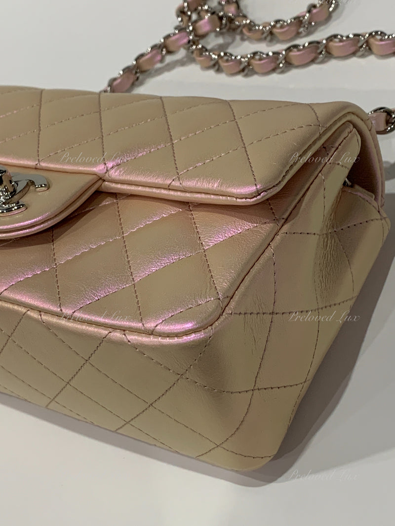 CHANEL Classic Iridescent Pink Calfskin Mini Rectangular Crossbody Bag in Silver Hardware